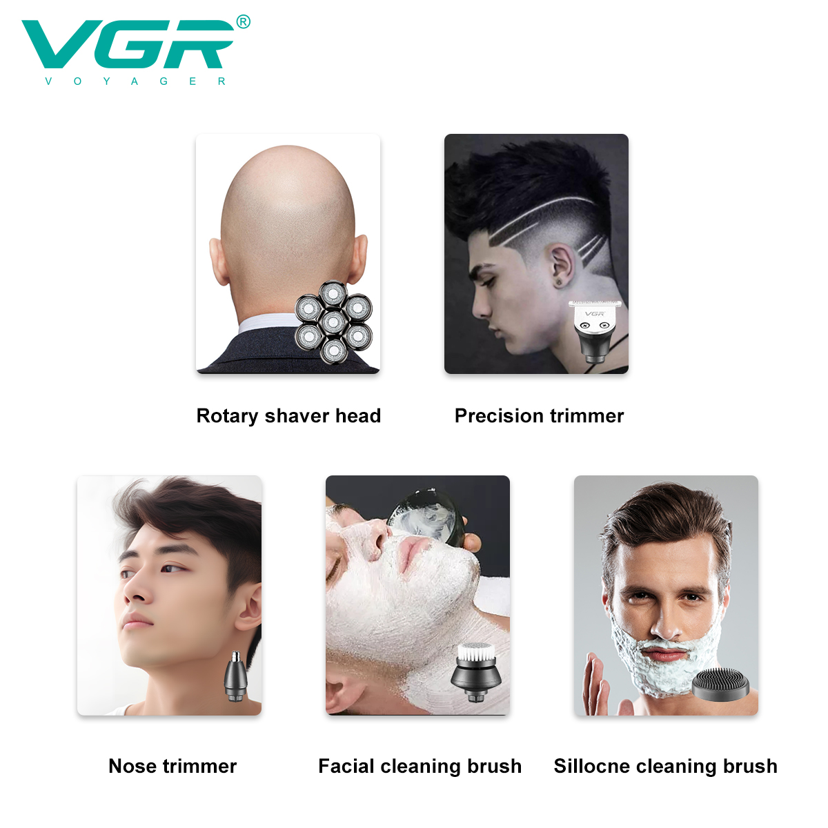 VGR327 Five-in-one Men's Set: Full-body washable LCD digital display 5-in-1 rechargeable electric bald shaver Specification image
