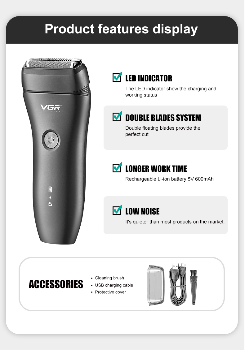 VGR351 跨境家用独立浮动双刀网低噪音男士剃须刀详情3