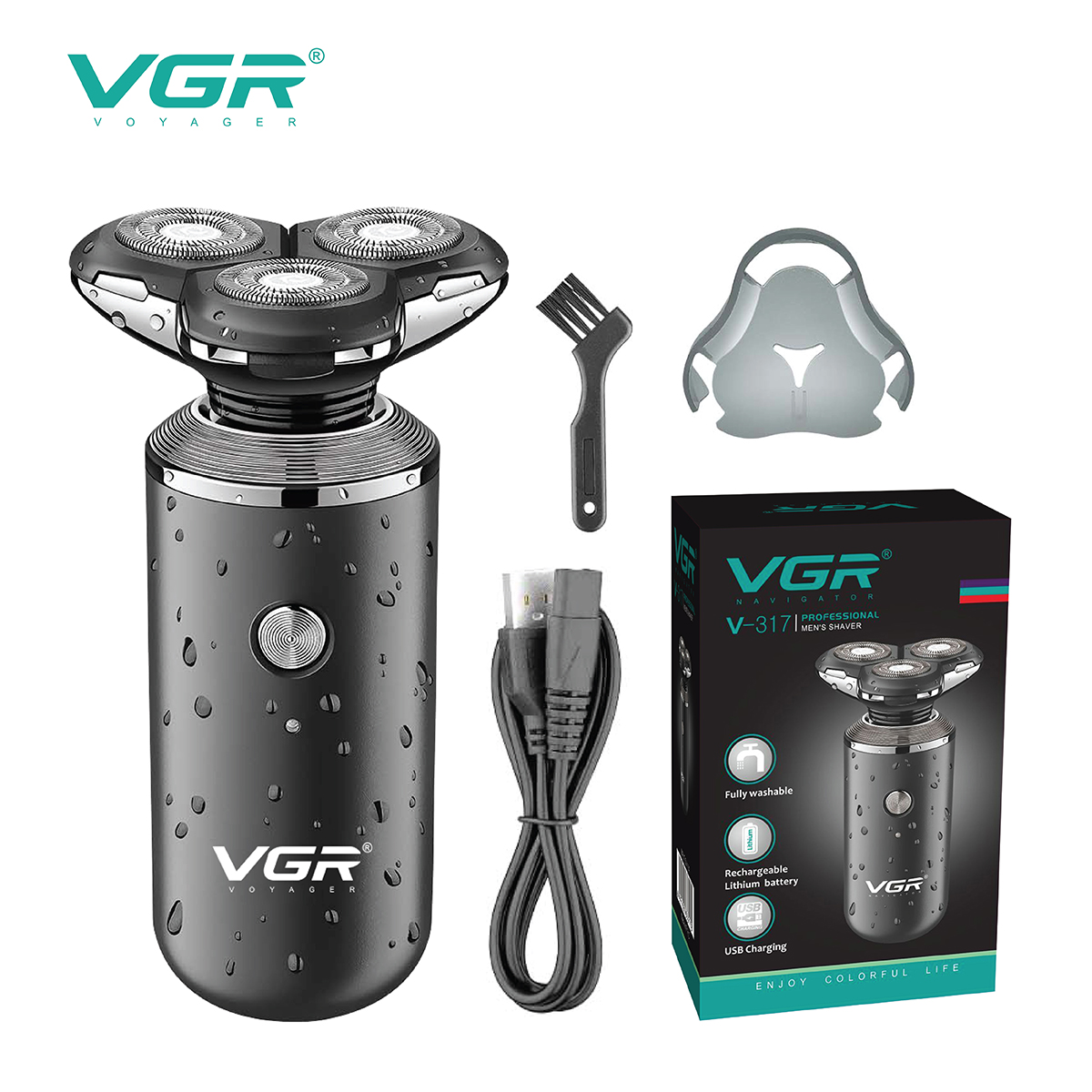 VGR317 Three-head electric rotary shaver for home use, USB plug and charge, 6-level waterproof men's razor