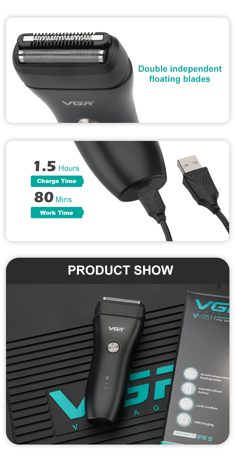 VGR351 跨境家用独立浮动双刀网低噪音男士剃须刀详情6