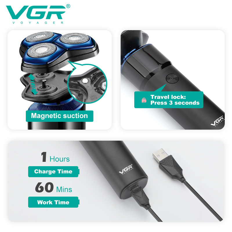 VGR325 Magnetic head dual-purpose charge and plug razor, long-lasting shaver Specification image