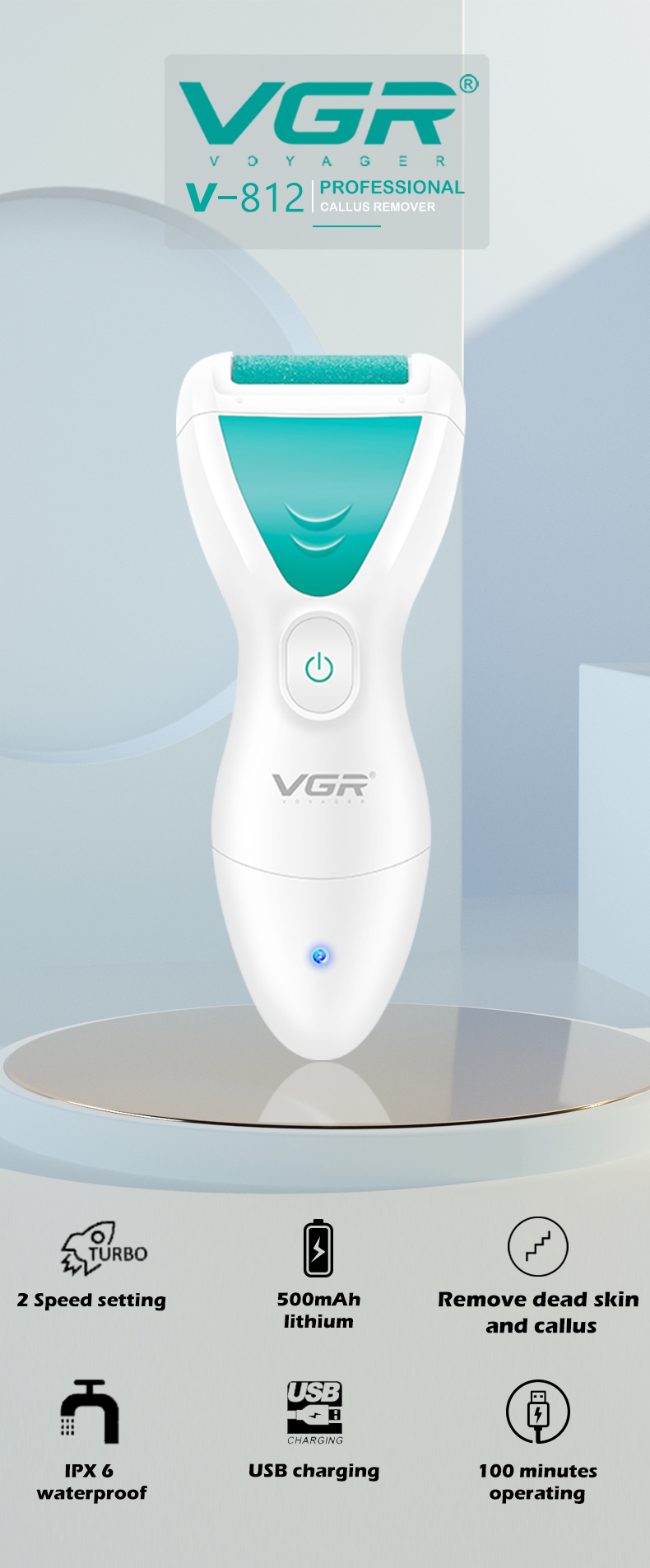 VGR812 foot scrubber, digital display, electric, IPX6 waterproof, can remove calluses and dead skin, and is a foot care device pic 1