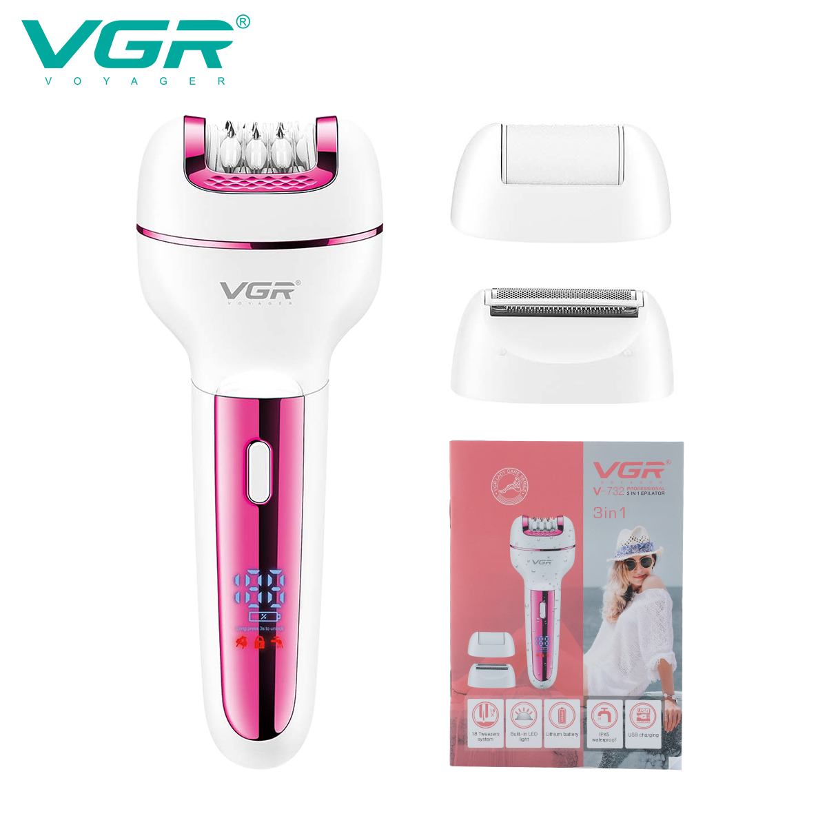 VGR732 Women's Hair Plucker, Multi-functional Hair Remover, Three-in-one Cross-border Electric Hair Removal Device, Leg Hair and Foot Grinder