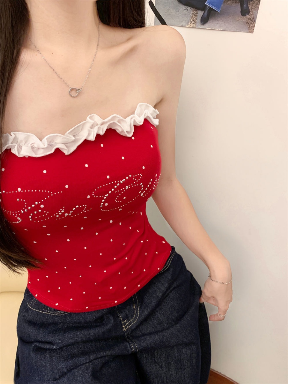 10155#红色波点抹胸上衣露背性感修身吊带女夏季辣妹背心详情2