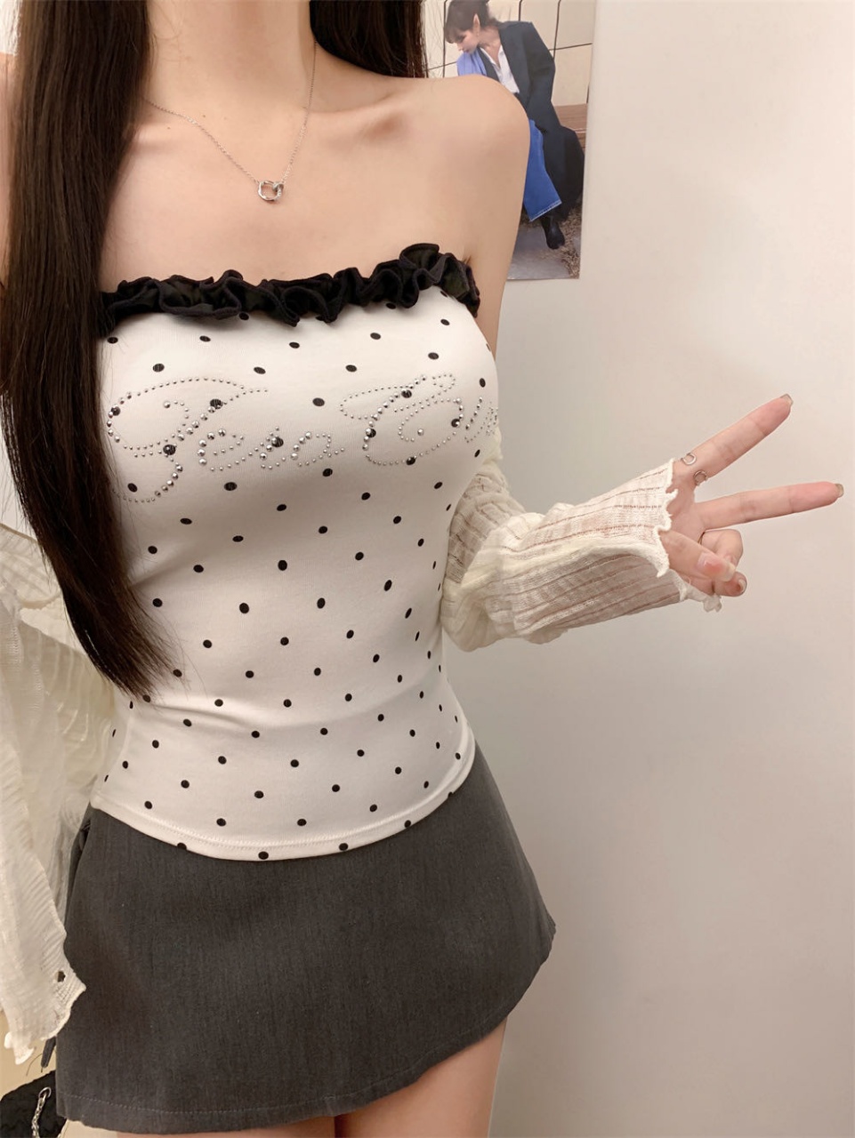 10155#红色波点抹胸上衣露背性感修身吊带女夏季辣妹背心详情4