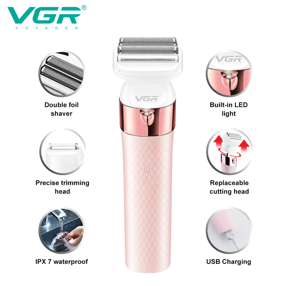 VGR729 Cross-border New multi-functional IPX7 waterproof two-in-one Women's hair Shaving Set, Sideburn hair shaving device Specification image