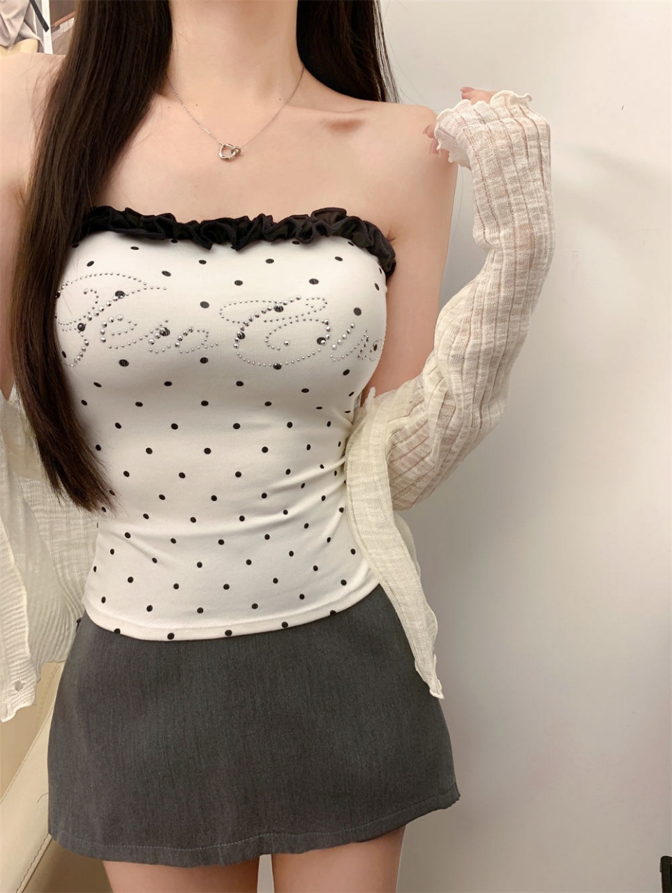10155#红色波点抹胸上衣露背性感修身吊带女夏季辣妹背心详情5
