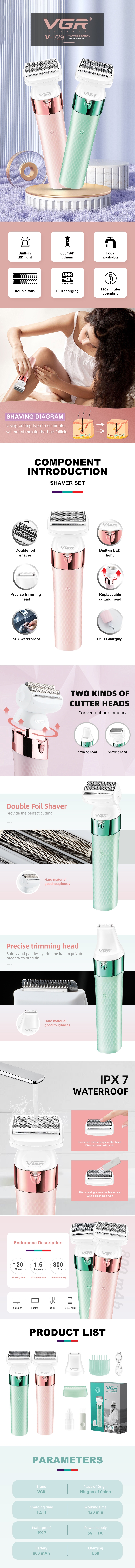 VGR729 Cross-border New multi-functional IPX7 waterproof two-in-one Women's hair Shaving Set, Sideburn hair shaving device pic 1