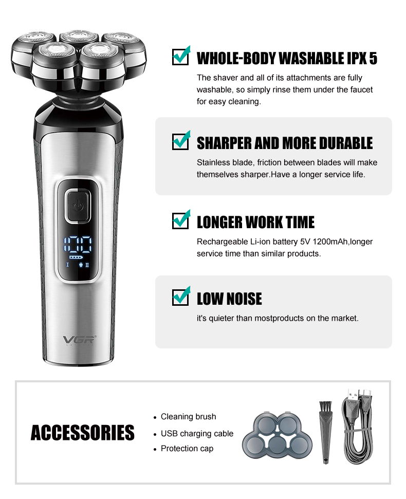 VGR385 Five-head magnetic floating razor with LCD digital display, multi-waterproof and long-lasting razor pic 4