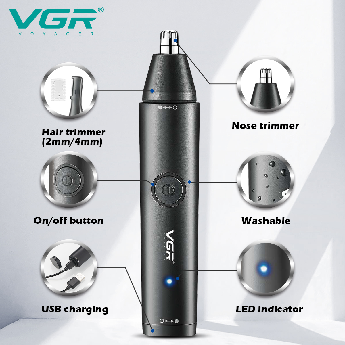 VGR613 Dual-purpose, waterproof and multi-functional nose hair Trimmer and Eyebrow Contouring knife Specification image