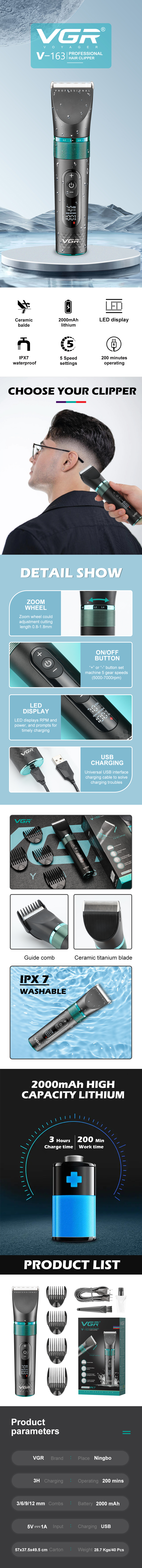 VGR163 Cross-border Professional waterproof ceramic Electric clipper LDE display USB pic 1