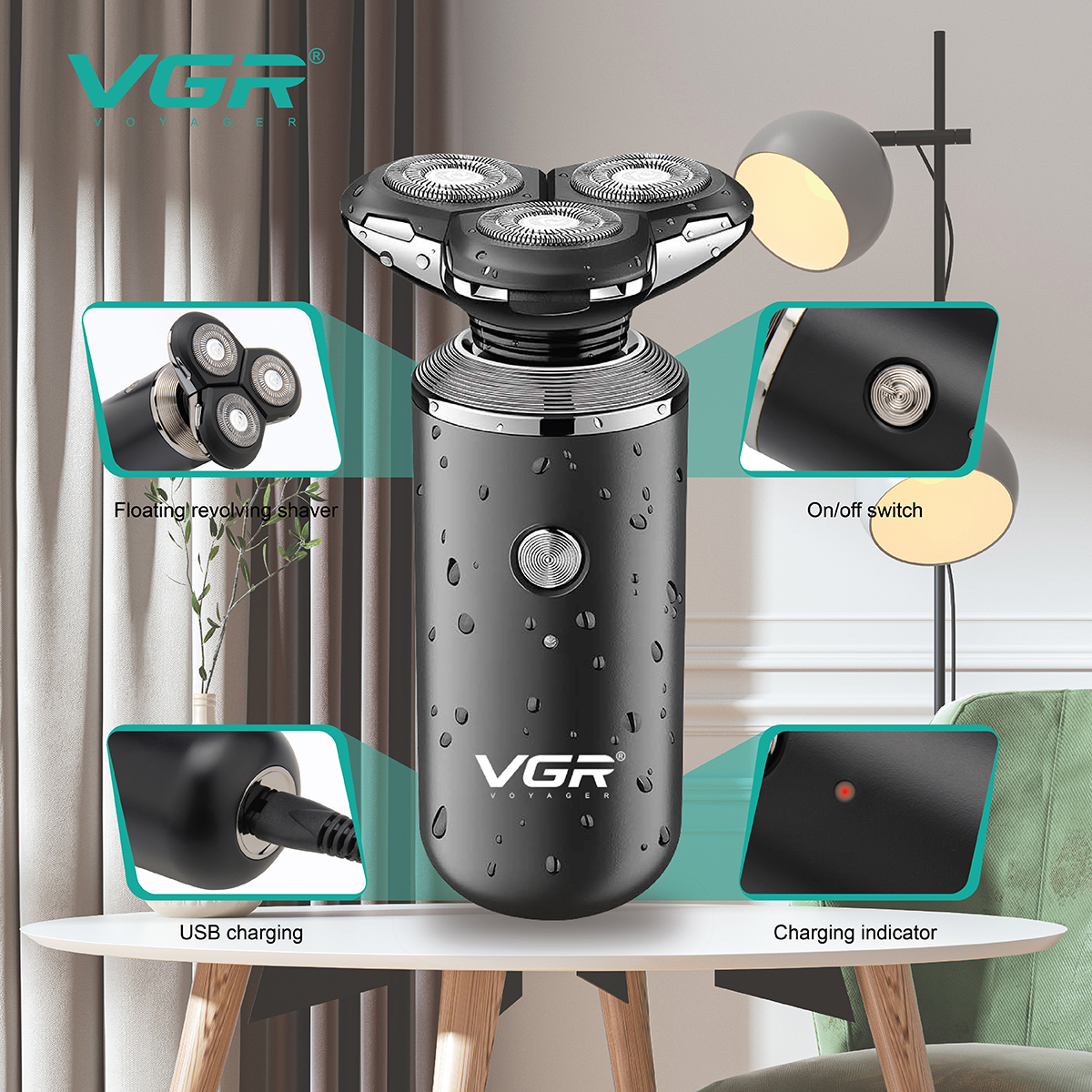 VGR317 Three-head electric rotary shaver for home use, USB plug and charge, 6-level waterproof men's razor details Picture