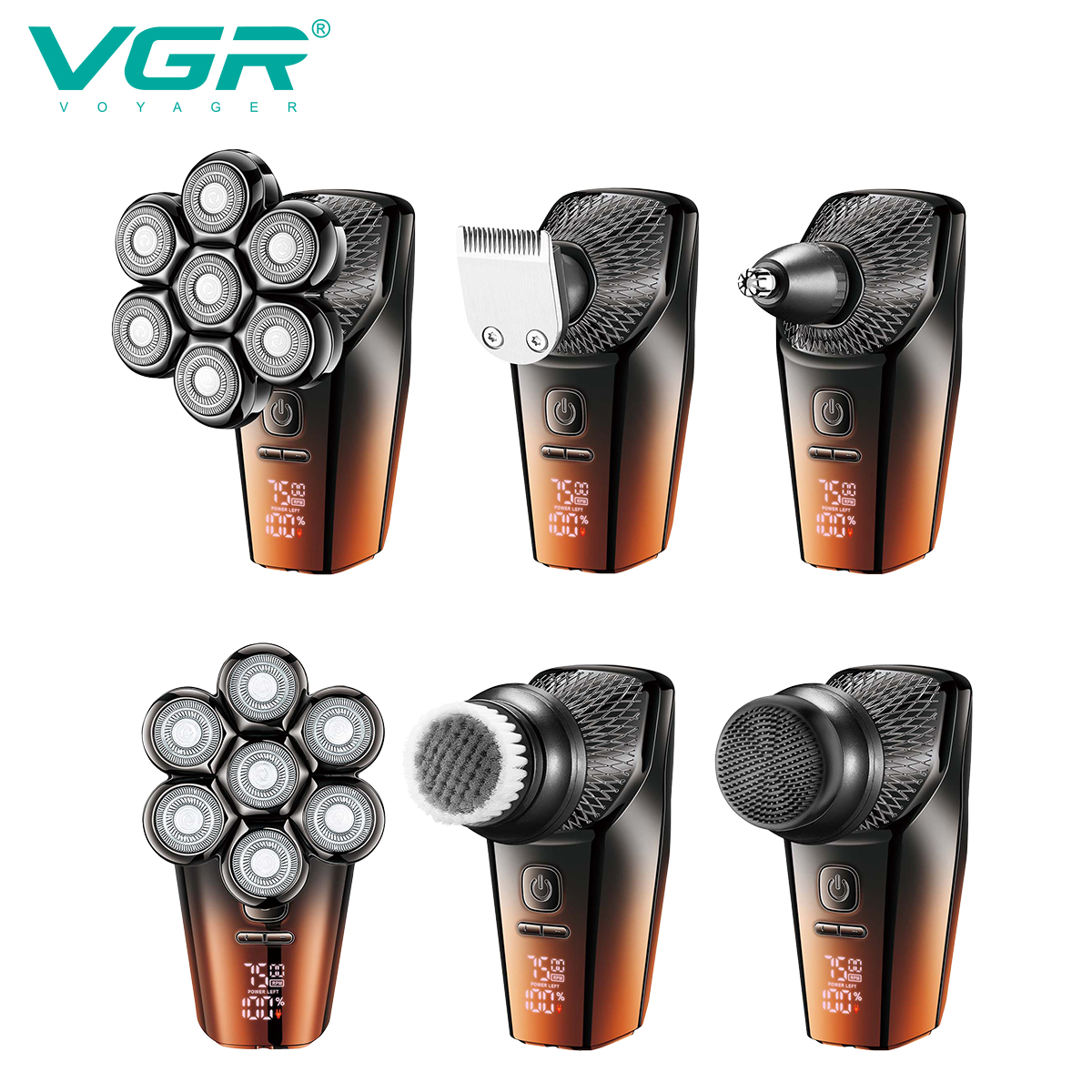 VGR327 Five-in-one Men's Set: Full-body washable LCD digital display 5-in-1 rechargeable electric bald shaver details Picture