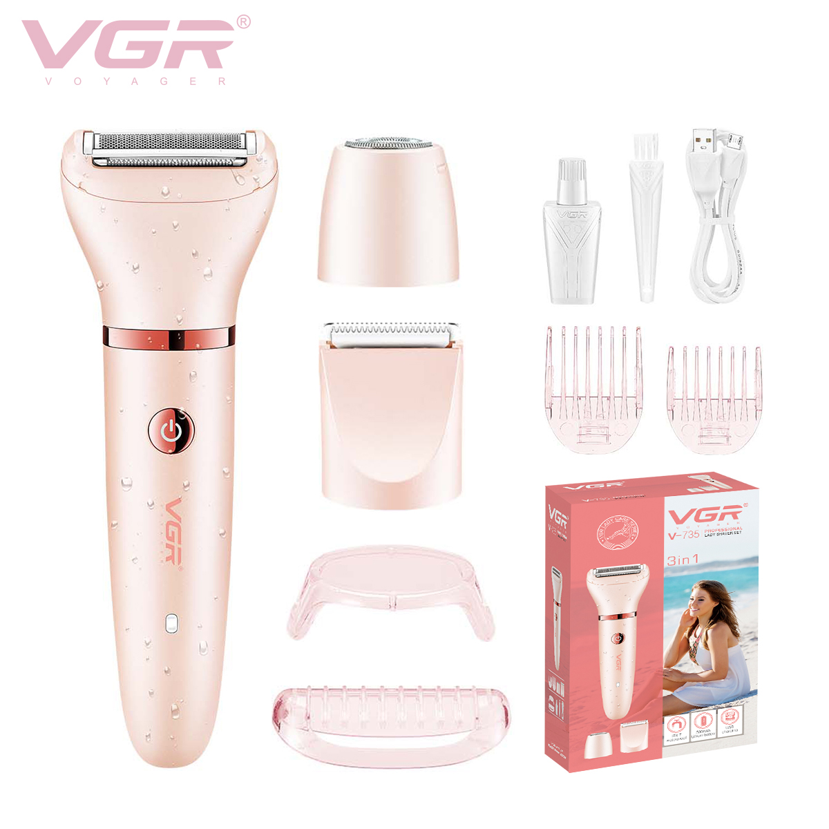 VGR Cross-border Multi-functional three-in-one Women's Shaving Device IPX7 washable Care Shaving Device Facial Cleaner 735 Specification image