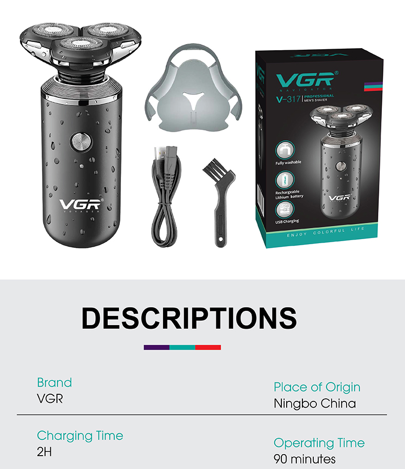 VGR317三头电动旋转剃须刀家用USB充插两用6级防水男士刮胡刀详情8