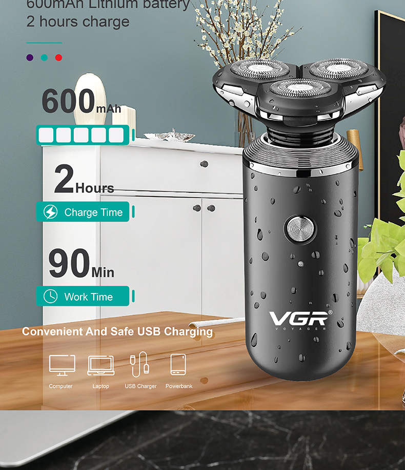 VGR317三头电动旋转剃须刀家用USB充插两用6级防水男士刮胡刀详情6