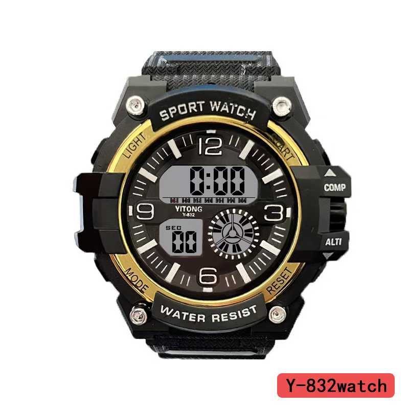 亿通YITONG新款多功能可夜光黑色电镀电子表学生 Y-832watch运动手表多功能防水夜光运动计时男女款时尚休闲手表白底实物图