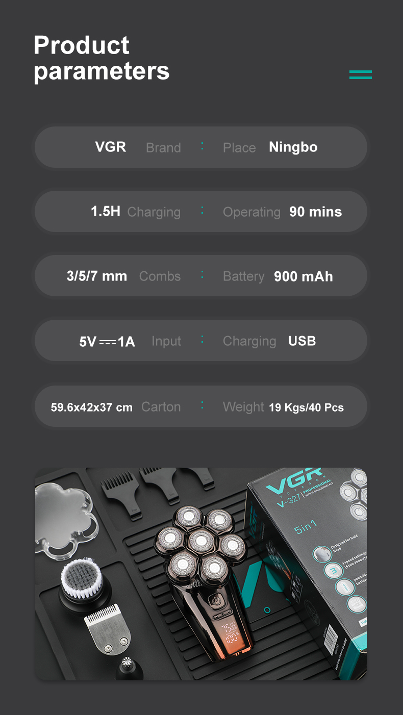 VGR327 Five-in-one Men's Set: Full-body washable LCD digital display 5-in-1 rechargeable electric bald shaver pic 9