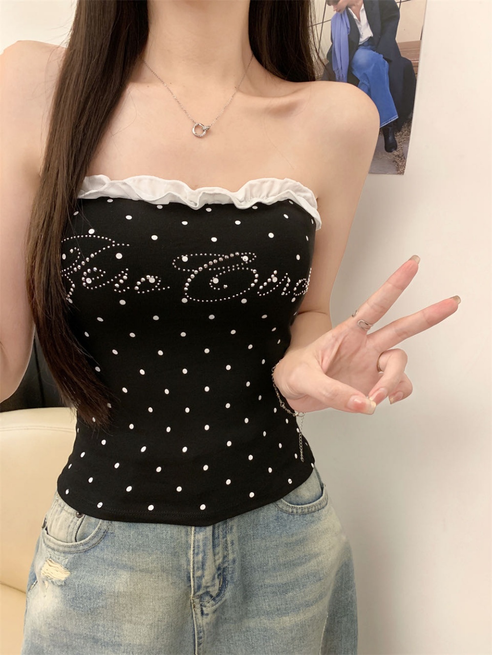10155#红色波点抹胸上衣露背性感修身吊带女夏季辣妹背心详情14