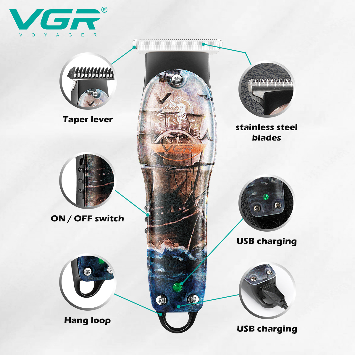 VGR953 Graffiti Hair Clipper, personalized engraved oil-tipped electric clipper, compact electric professional electric clipper details Picture