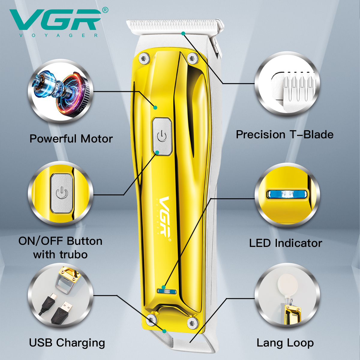 VGR955 Electric clipper oil head clipper USB rechargeable household engraving mini 0-blade head engraving metal hair clipper details Picture