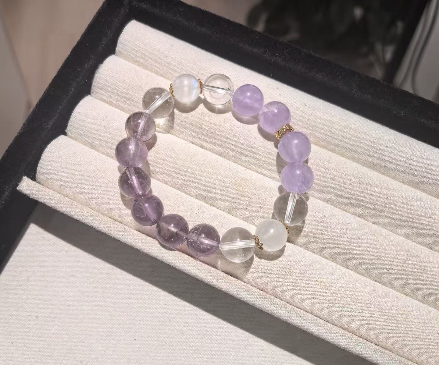 【 Customized Design 】12mm purple jade White crystal Moonstone multi-treasure bracelet, sand gold bracelet, red string bracelet, fashionable and trendy women's accessory gift Item Picture
