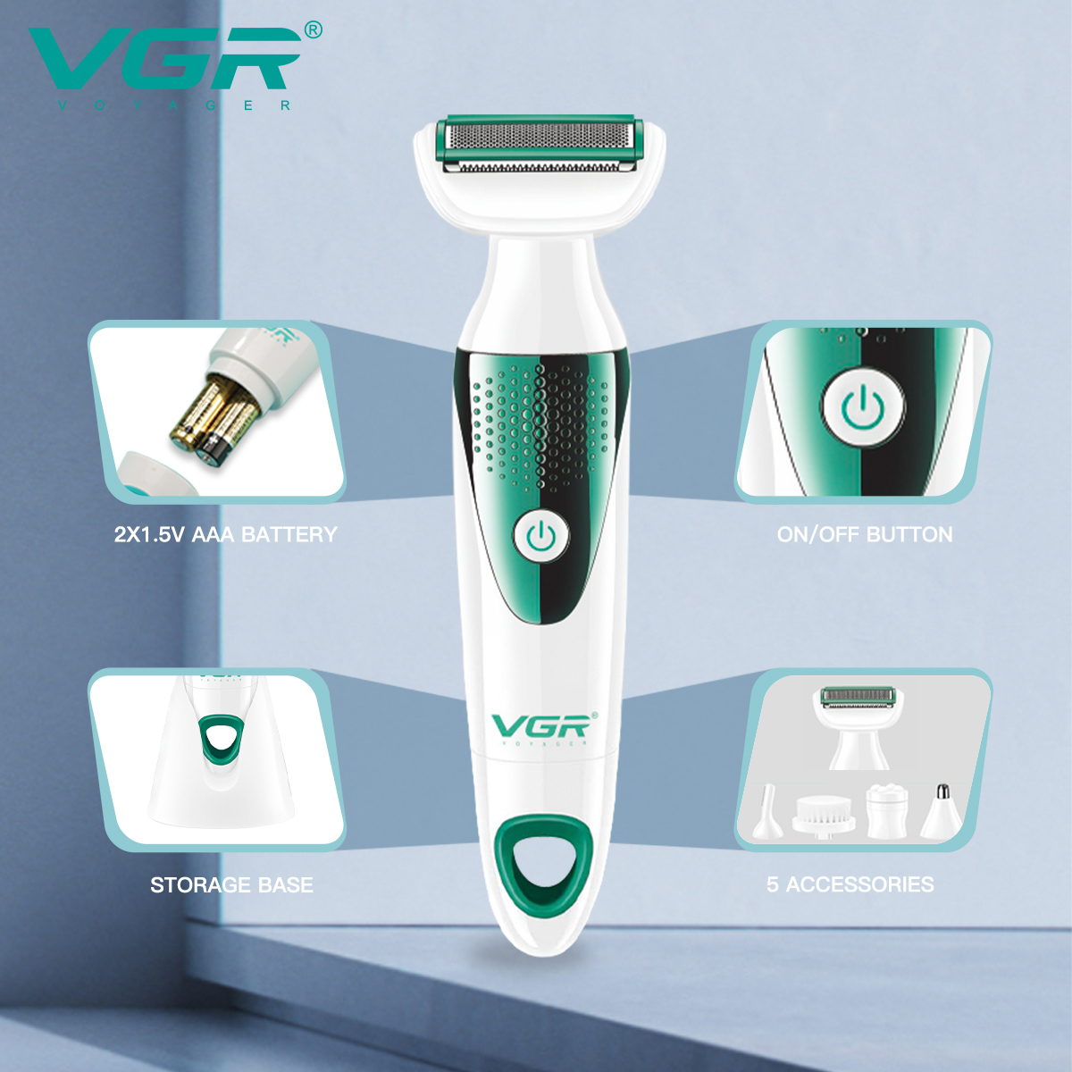 VGR720 Portable 5-in-1 multi-functional women's hair shaving beauty device, eyebrow trimming knife, face washing massage, nose hair shaving, dry battery type with base, full-body water washing Application Scenario