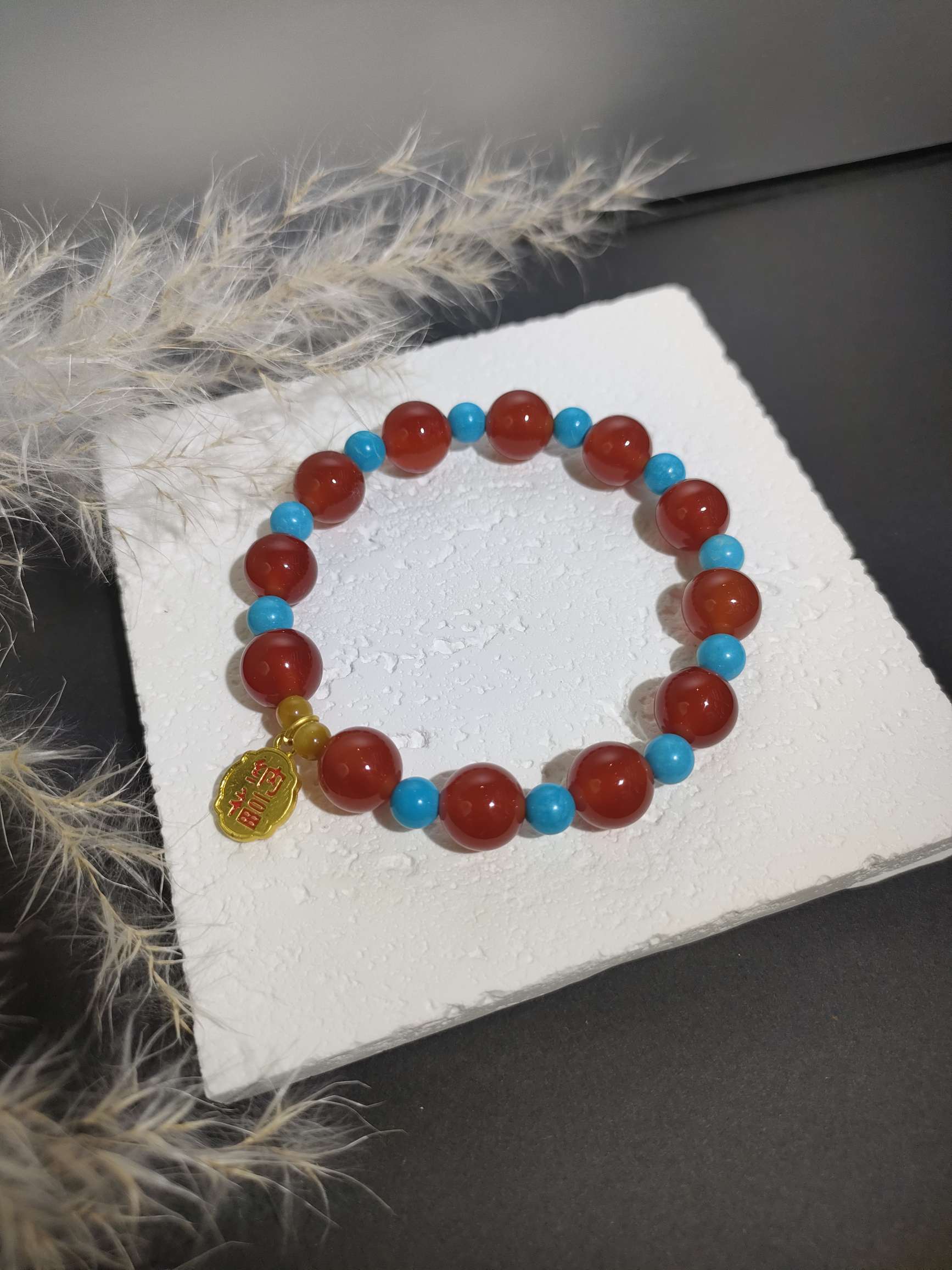 红玛瑙仿绿松石水晶手链沙金手串详情图6