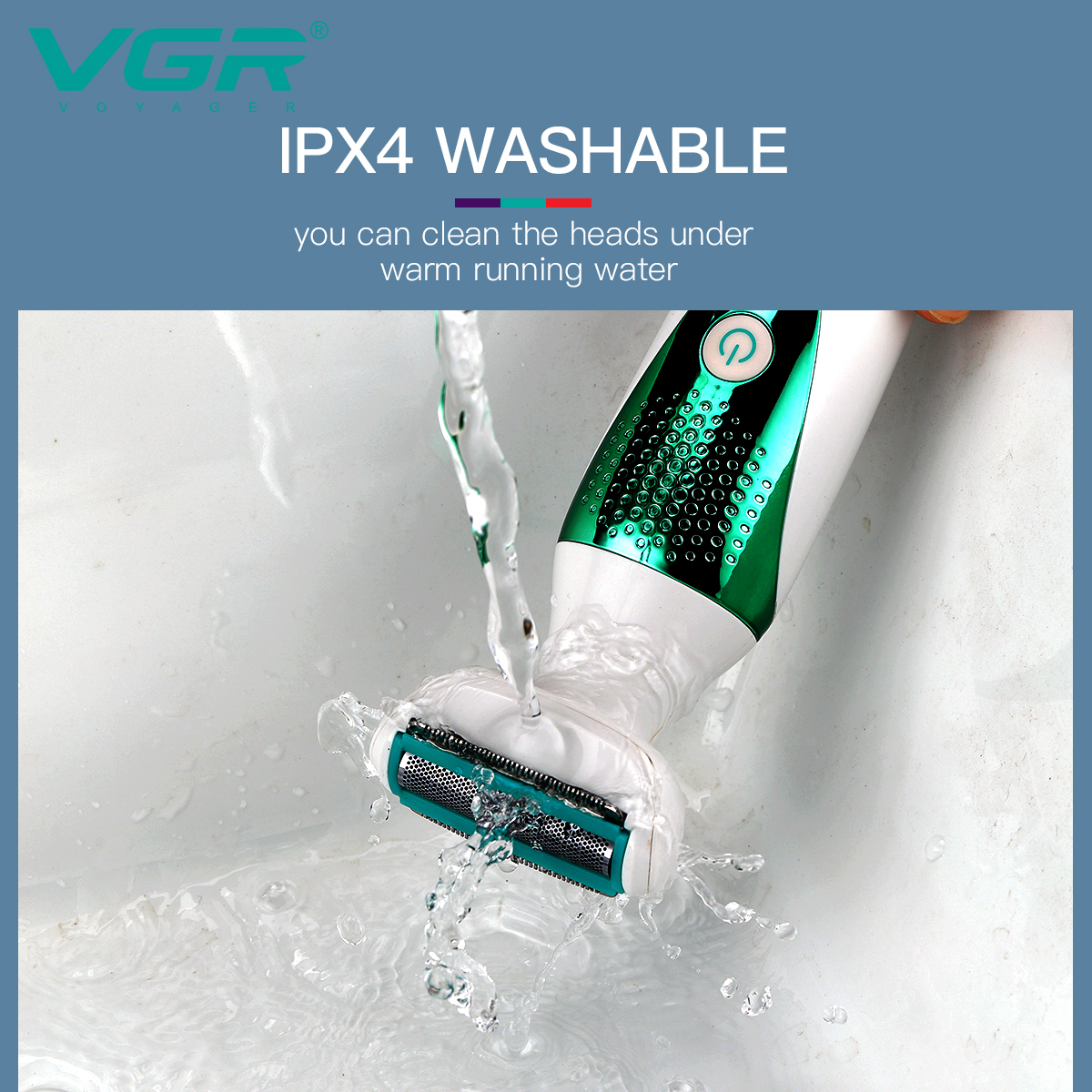 VGR720 Portable 5-in-1 multi-functional women's hair shaving beauty device, eyebrow trimming knife, face washing massage, nose hair shaving, dry battery type with base, full-body water washing Item Picture