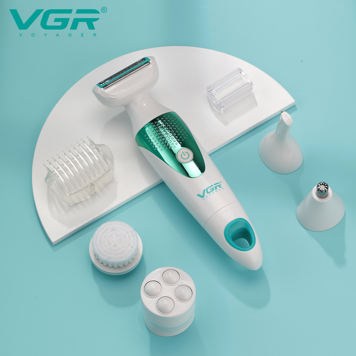 VGR720 Portable 5-in-1 multi-functional women's hair shaving beauty device, eyebrow trimming knife, face washing massage, nose hair shaving, dry battery type with base, full-body water washing Specification image