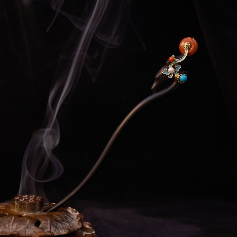 冉樸黑檀发簪九色鹿天然红石平安扣檀木簪景泰蓝仿点翠祥云国风发簪