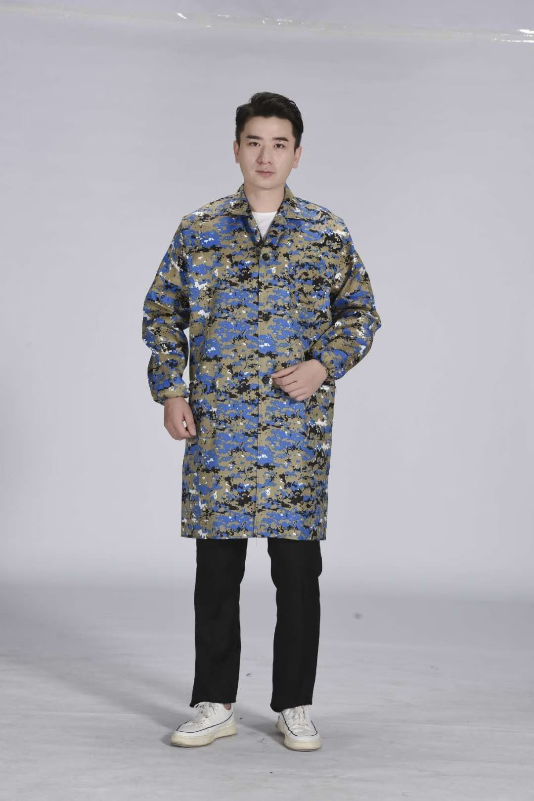 Men's work clothes, loose blue jackets, breathable, stain-resistant and dust-proof jackets, women's durable aprons, long-sleeved outerwear, camouflage jackets details Picture