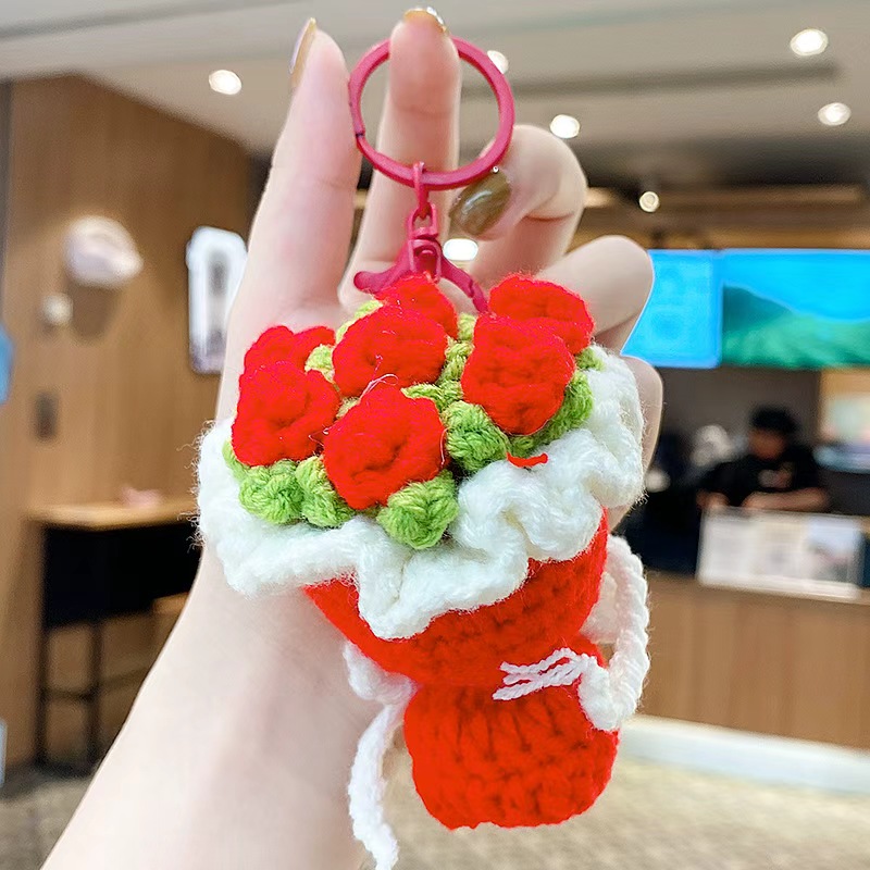 Hand-held bouquets in red, colorful, purple, blue and yellow, simulating wedding and Spring Festival celebrations, woolen flower bouquets, knitted decorations, cute wrapping gifts details Picture