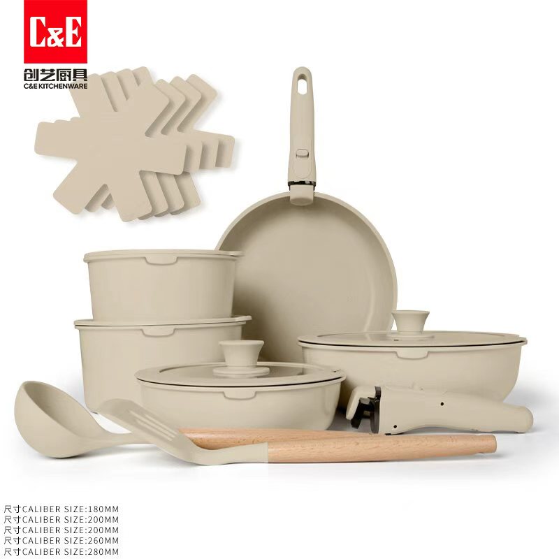 創(chuàng)藝廚具17件套不粘鍋可拆卸柄套裝一鍋多用鍋Cookware鋁鍋煎鍋鍋具套裝鍋詳情圖3