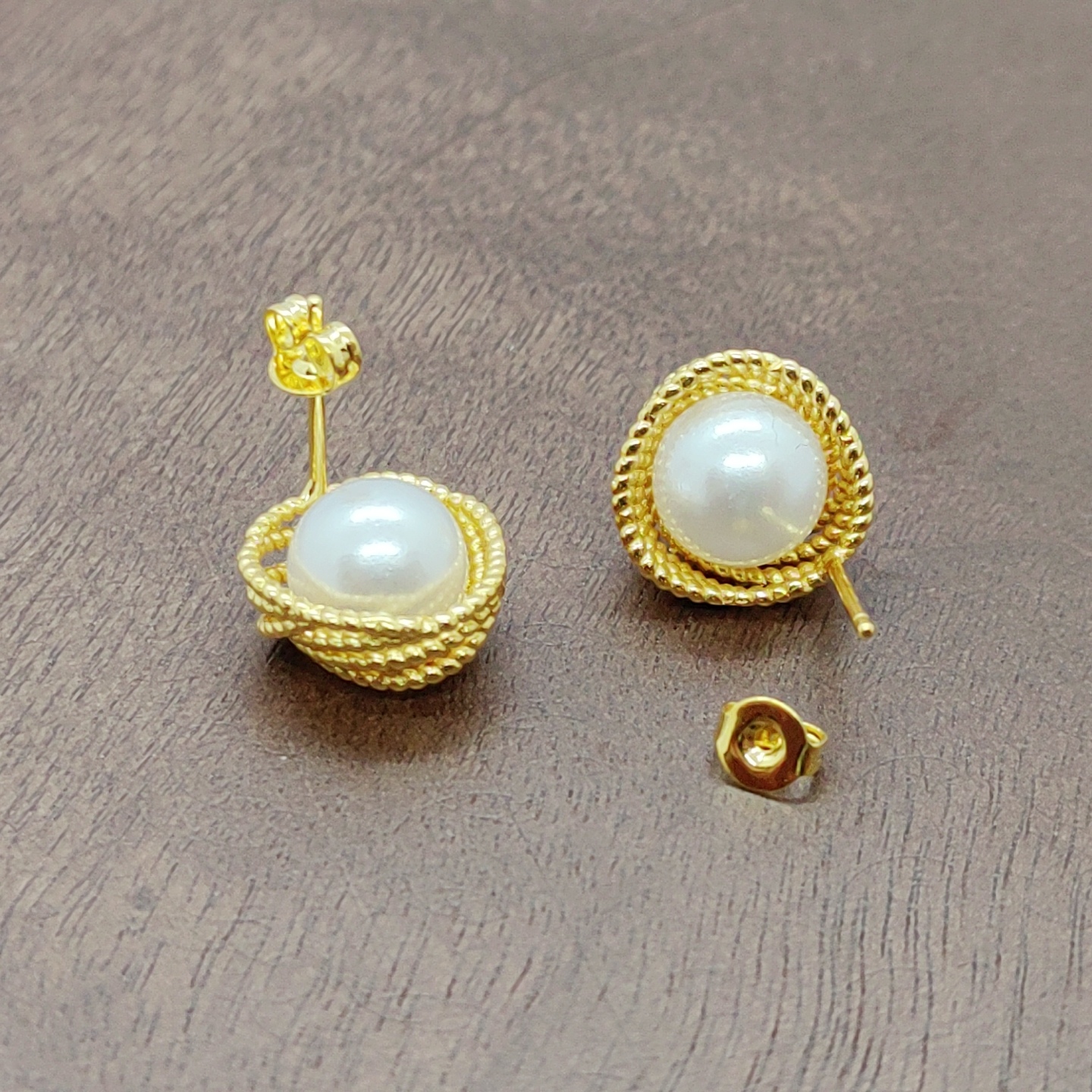 Gold woven beaded ear studs with silver needles Item Picture