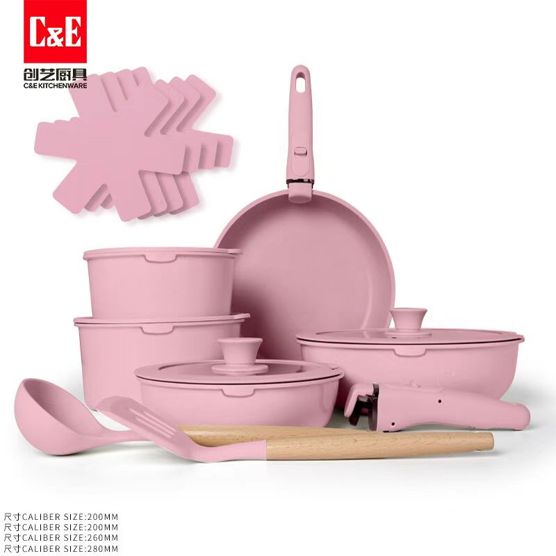 創(chuàng)藝廚具17件套不粘鍋可拆卸柄套裝一鍋多用鍋Cookware鋁鍋煎鍋鍋具套裝鍋詳情圖4