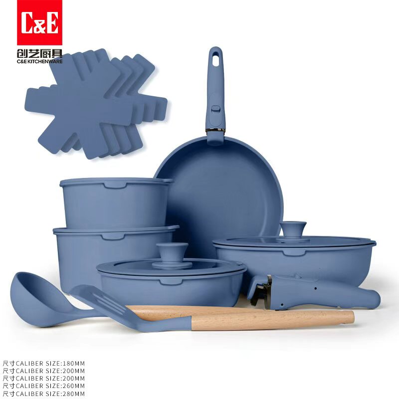 創(chuàng)藝廚具17件套不粘鍋可拆卸柄套裝一鍋多用鍋Cookware鋁鍋煎鍋鍋具套裝鍋詳情圖2