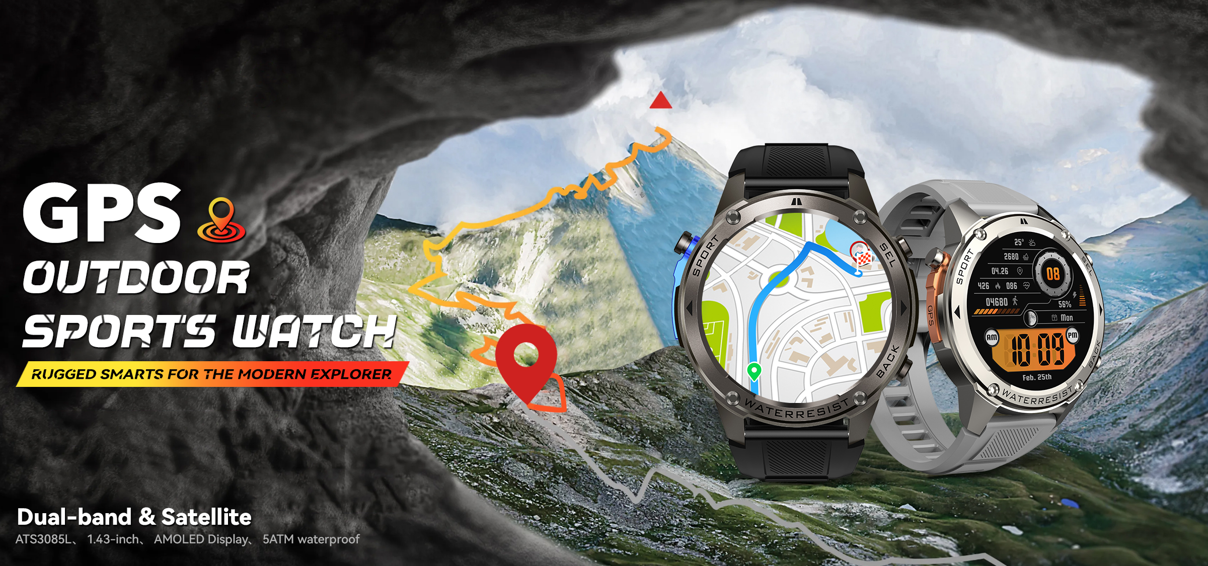 The GPS smartwatch DM56 features multi-functional heart rate, blood oxygen, sleep, altitude and air pressure detection. It is water-resistant to 30 meters and can be used for swimming. It has a sports track and is suitable for mountain climbing and outdoor activities. It is compatible with Android and Apple smart Bluetooth calls Specification image