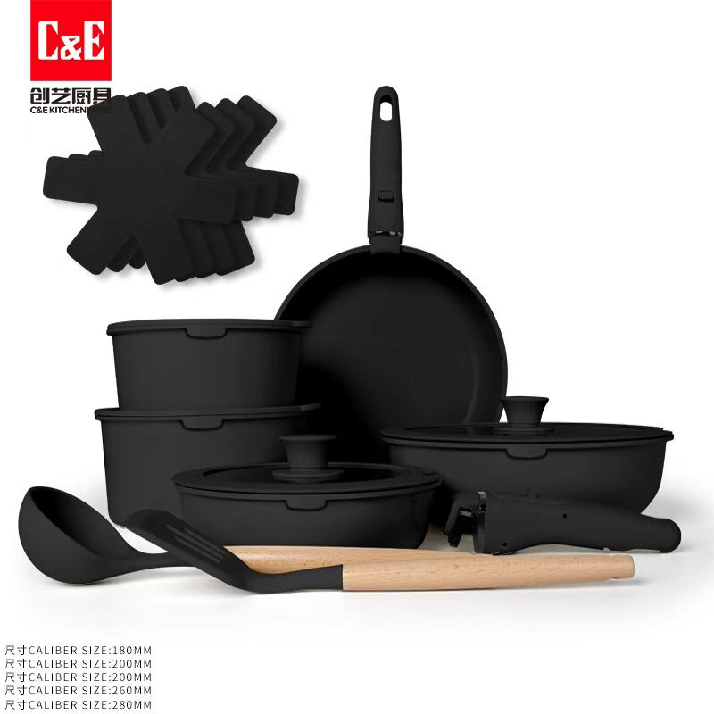 創(chuàng)藝廚具17件套不粘鍋可拆卸柄套裝一鍋多用鍋Cookware鋁鍋煎鍋鍋具套裝鍋詳情圖6