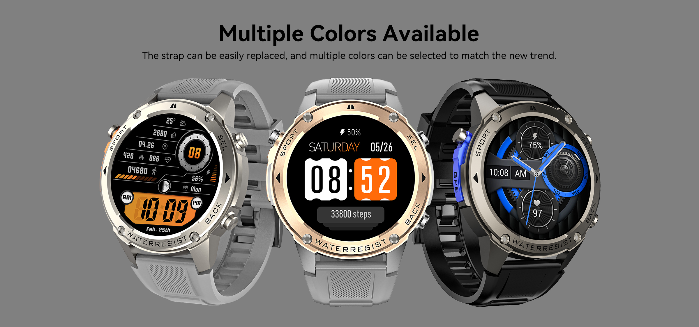 The GPS smartwatch DM56 features multi-functional heart rate, blood oxygen, sleep, altitude and air pressure detection. It is water-resistant to 30 meters and can be used for swimming. It has a sports track and is suitable for mountain climbing and outdoor activities. It is compatible with Android and Apple smart Bluetooth calls Item Picture