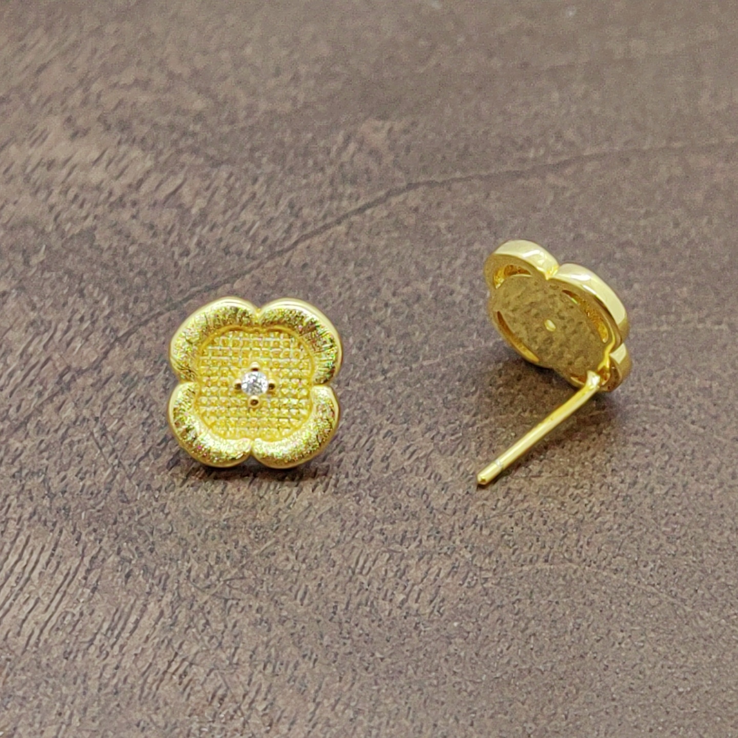 Golden flower ear studs, fashionable earrings, ear sticks, multiple pairs, simple and elegant, versatile women's accessories, white zirconium four-petal flower ear studs, silver needles details Picture