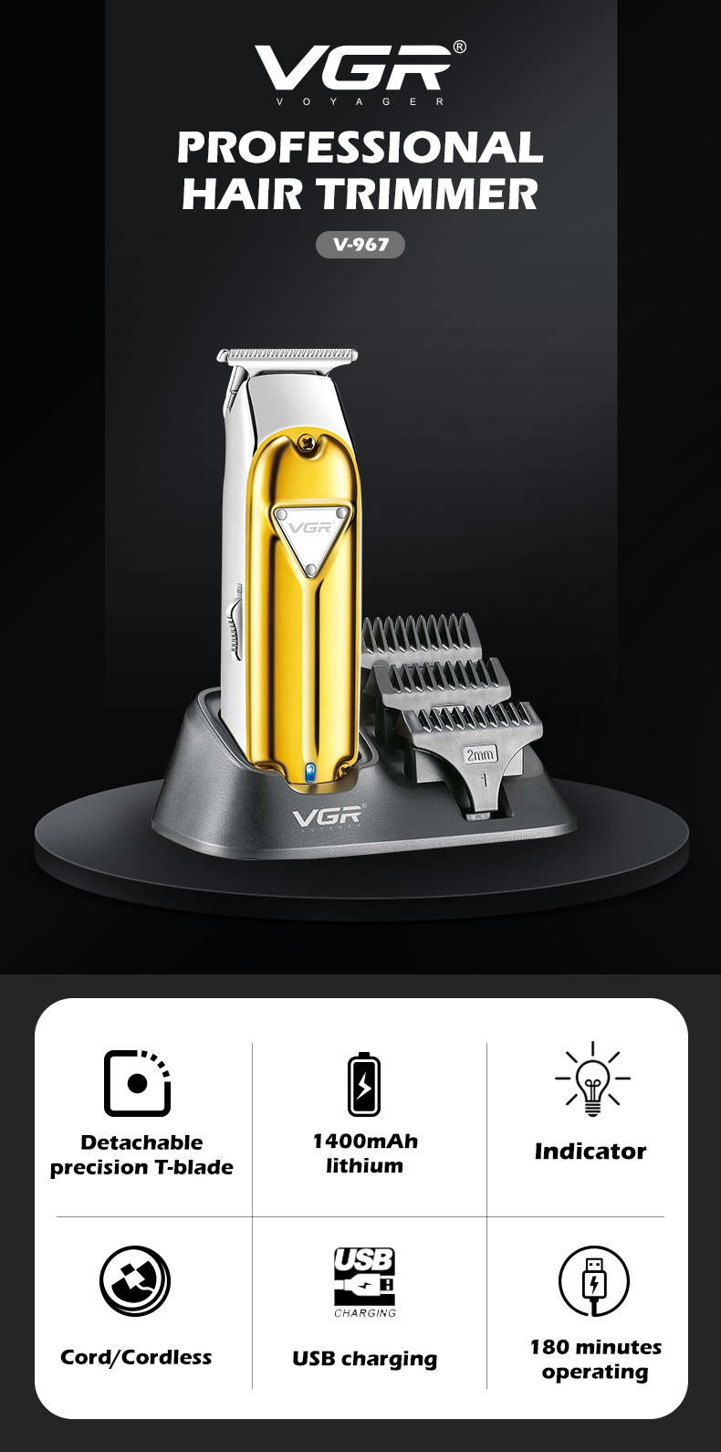 VGR967 Cross-border Professional metal small clipper with base Hair clipper for men, retro style pic 1