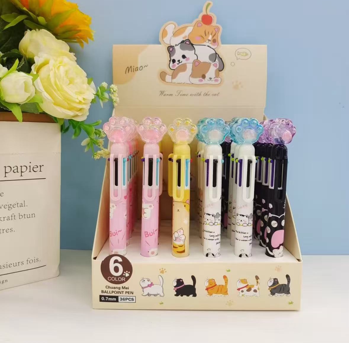 Chuangmei Pen Industry's cute cat-themed six-color Ballpoint pen set, press pen stationery, Christmas gift wholesale, blue planner pen