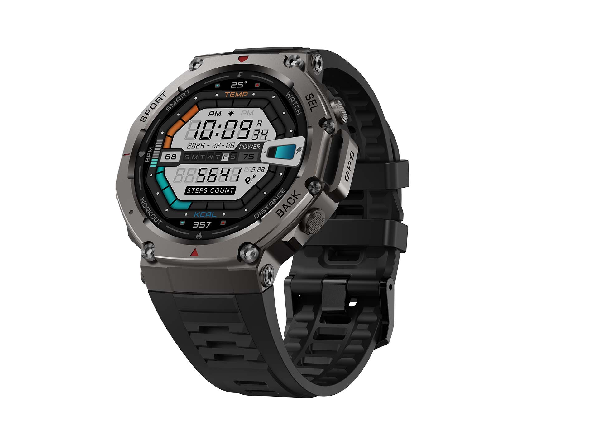 The GPS smartwatch DM58 features multi-functional heart rate, blood oxygen, sleep, altitude and air pressure detection. It is water-resistant to 30 meters and can be used for swimming. It has a sports track and is suitable for mountain climbing and outdoor activities. It is compatible with Android and Apple smart Bluetooth call watches Specification image