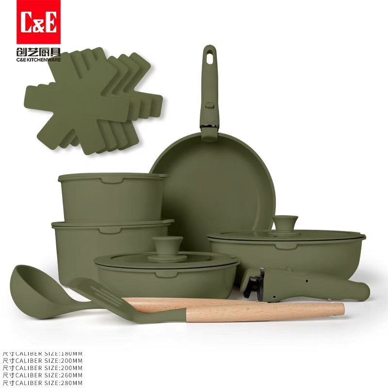 創(chuàng)藝廚具17件套不粘鍋可拆卸柄套裝一鍋多用鍋Cookware鋁鍋煎鍋鍋具套裝鍋詳情圖5