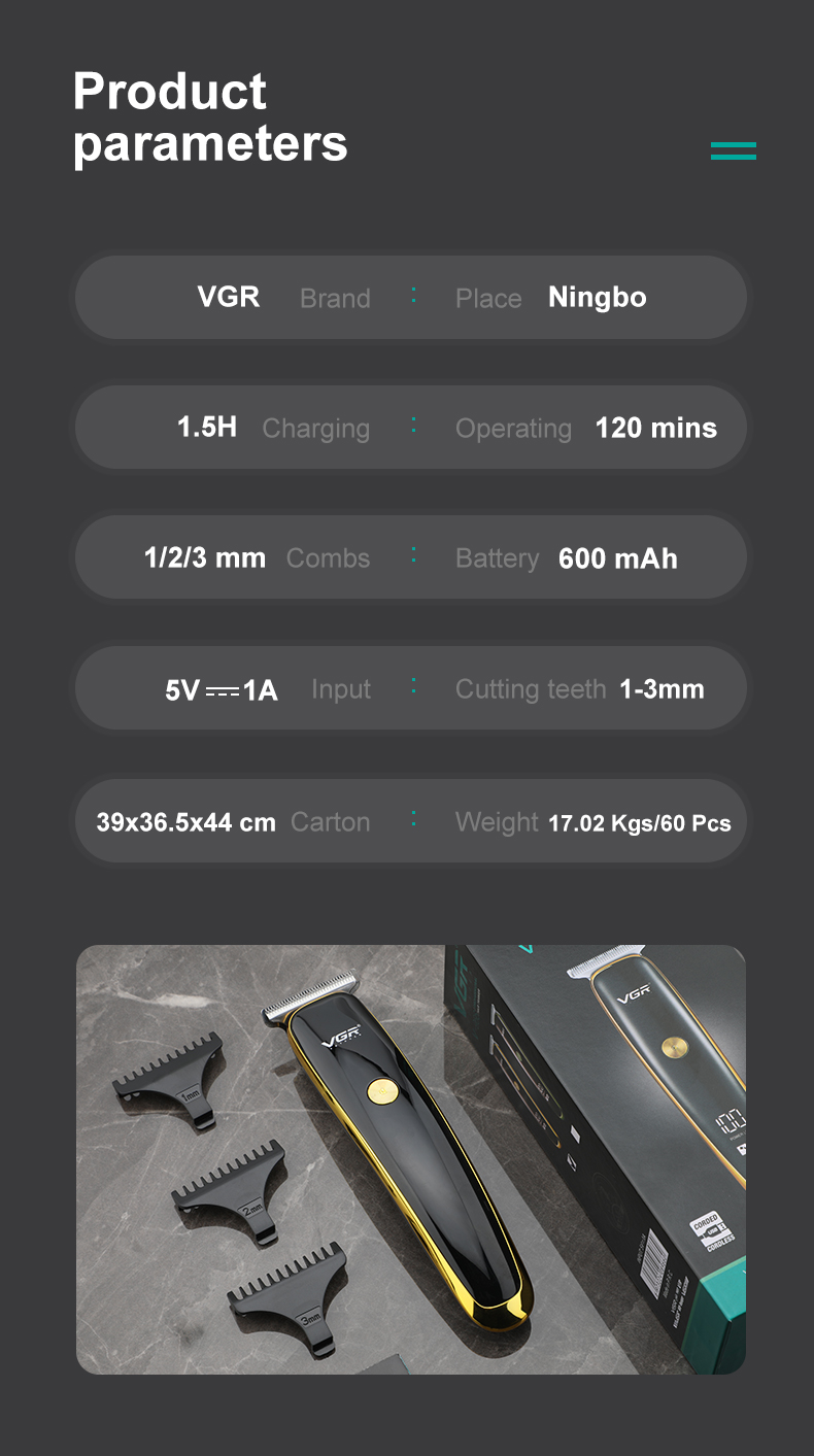 VGR966跨境外贸充电式液晶数显理发器男士家用油头雕刻推白电推剪详情8
