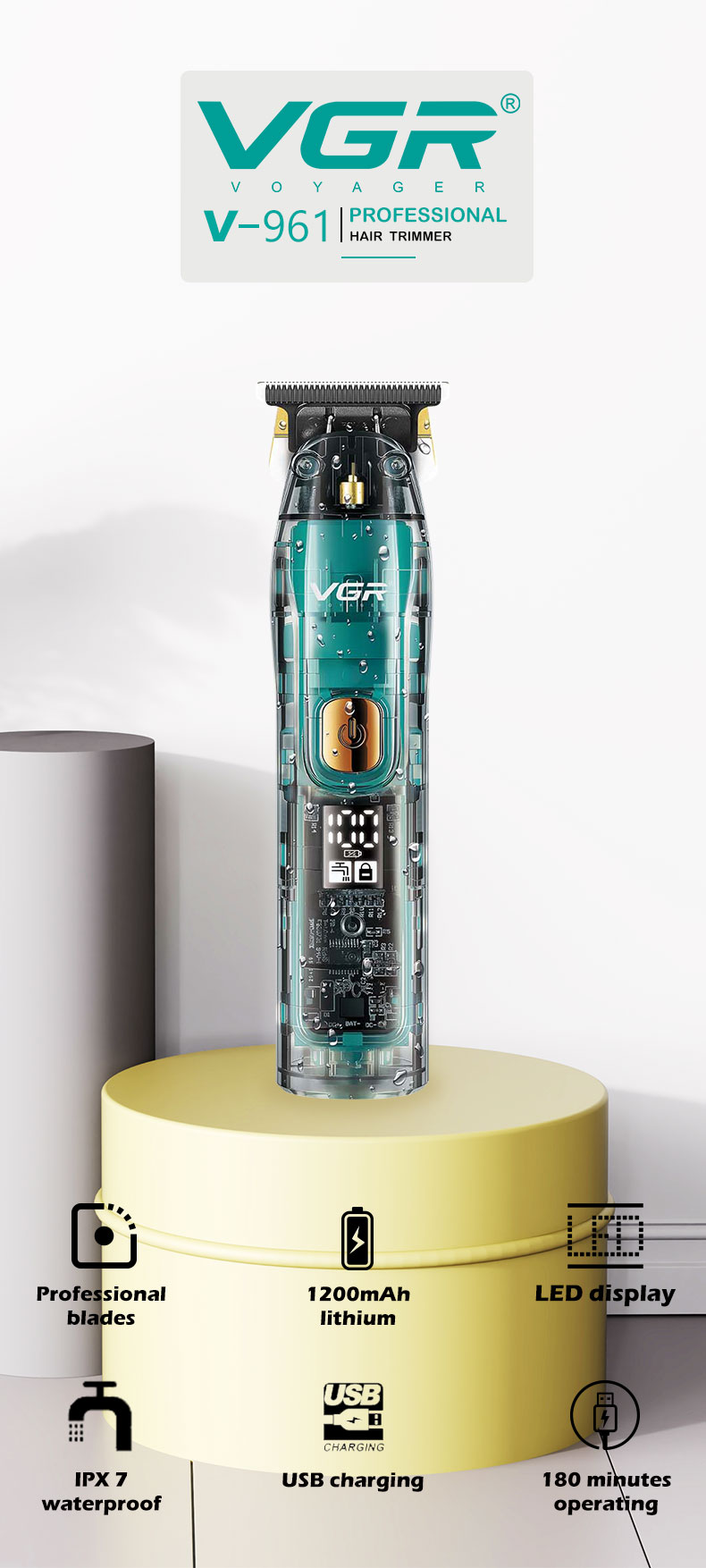 VGR961 Wholesale LCD digital display transparent hair salon professional oil hair electric shaver, hair clipper, electric clipper pic 1