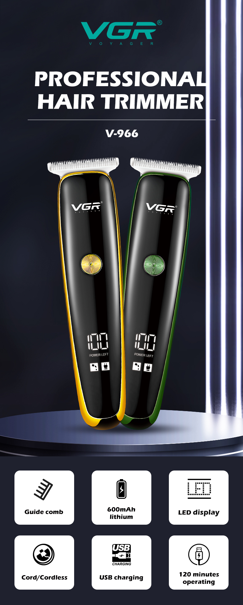 VGR966跨境外贸充电式液晶数显理发器男士家用油头雕刻推白电推剪详情1