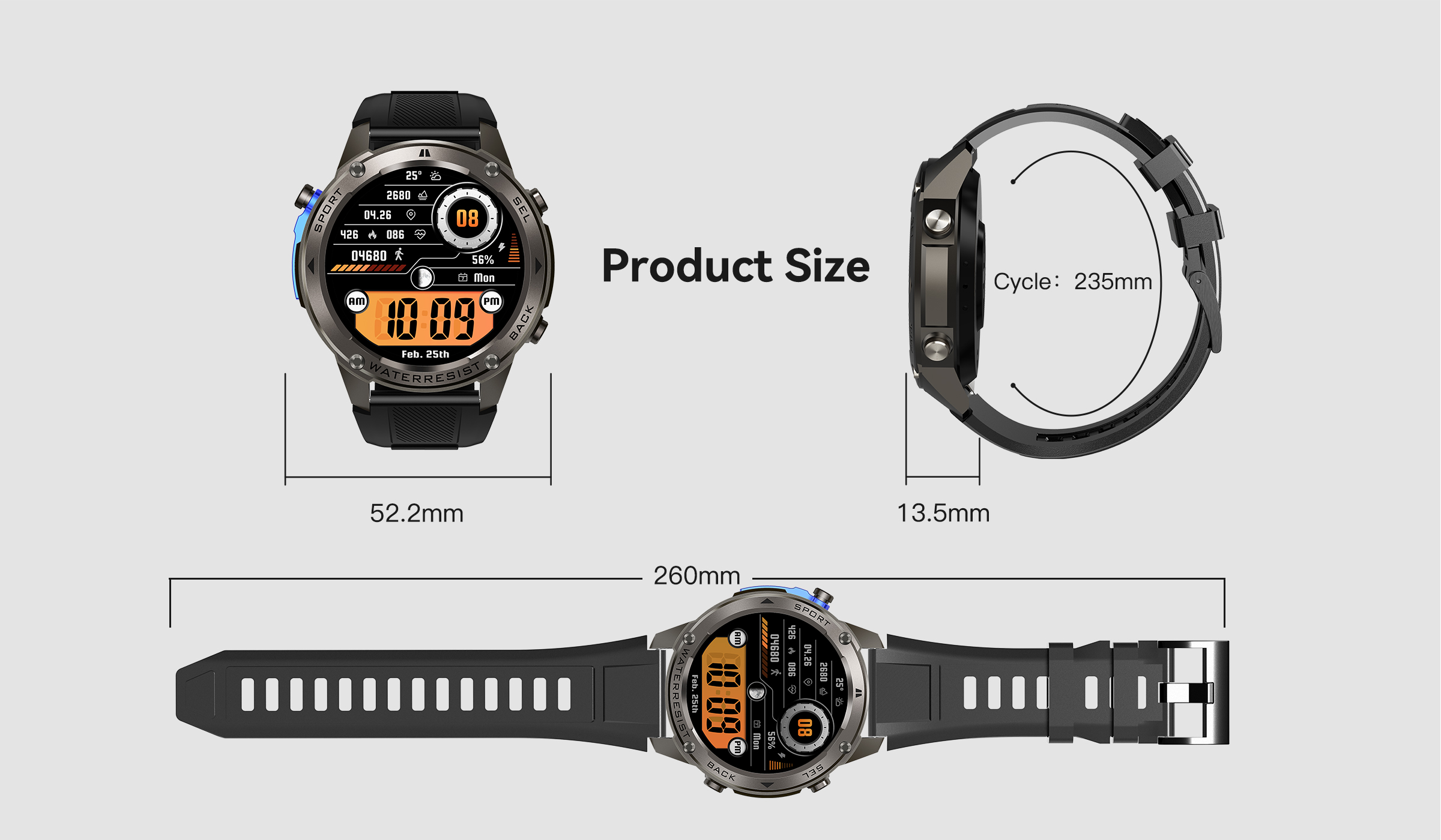 The GPS smartwatch DM56 features multi-functional heart rate, blood oxygen, sleep, altitude and air pressure detection. It is water-resistant to 30 meters and can be used for swimming. It has a sports track and is suitable for mountain climbing and outdoor activities. It is compatible with Android and Apple smart Bluetooth calls Application Scenario