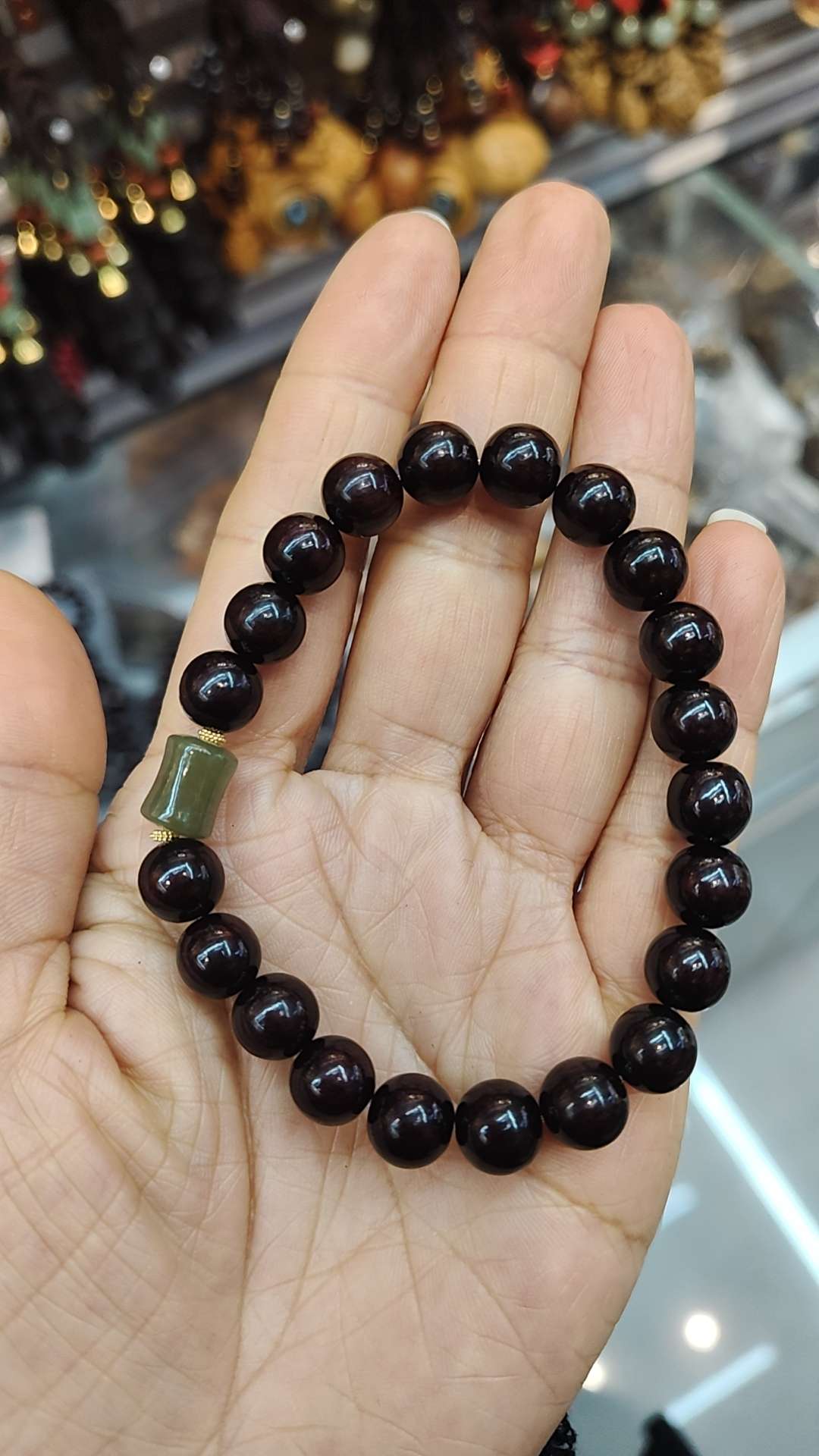 Small-leaf red sandalwood + Hetian jade bamboo joint bracelet